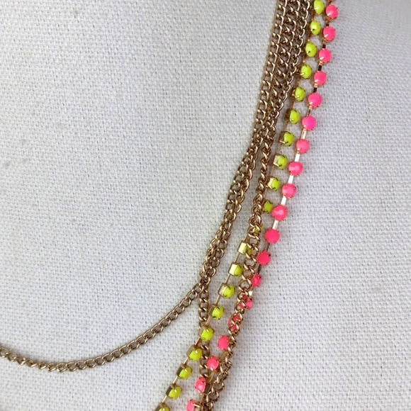 Hot Pink & Lime Green Rhinestone-Set Gold Tone Multi-Chain Boho Necklace - Picture 4 of 9